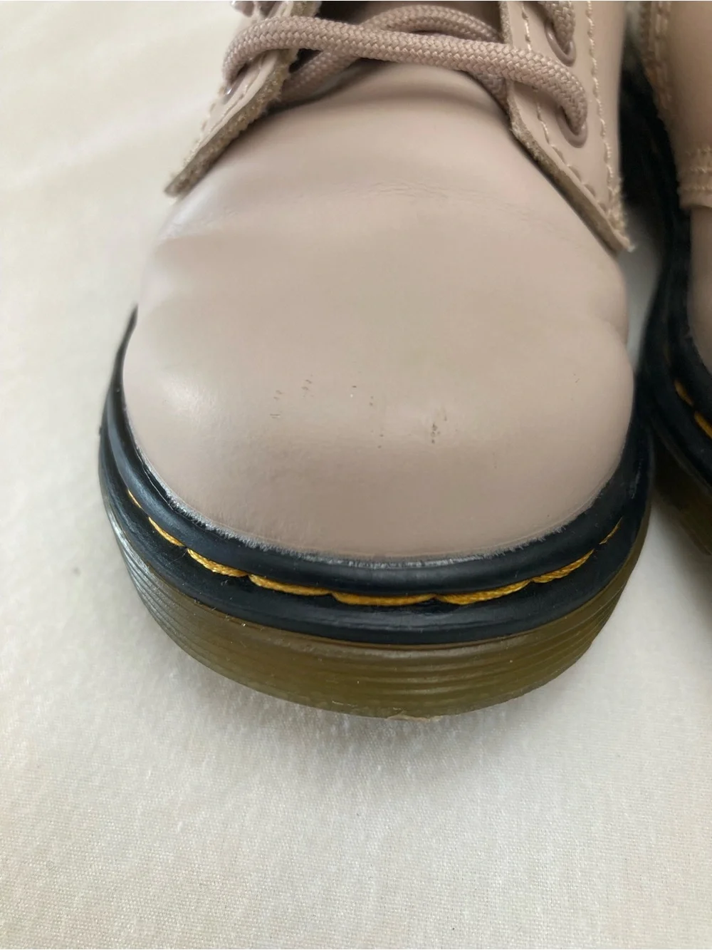 Dr. Martens Taupe Lace-Up Leather Boots With Yellow Stitching size 8 US